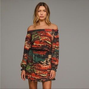 NEW R Cinco Ranch Off Shoulder Abstract Print Elastic Waist Dress S Boho